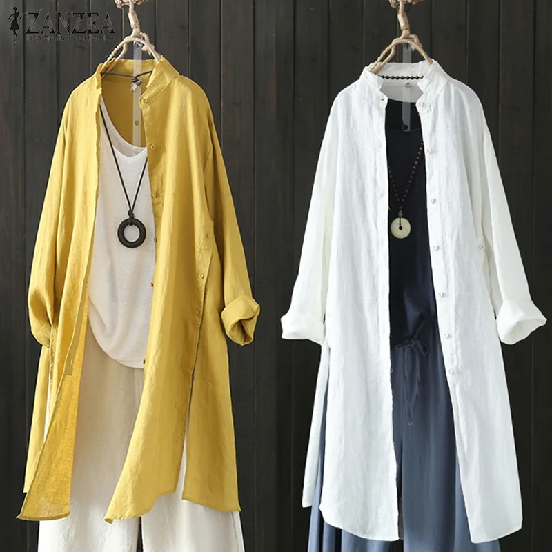 

Plus Size Vintage Women's Linen Blouse 2019 ZANZEA Split Cardigans Long Sleeve Shirts Button Down Long Blusas Lapel Tunic Tops