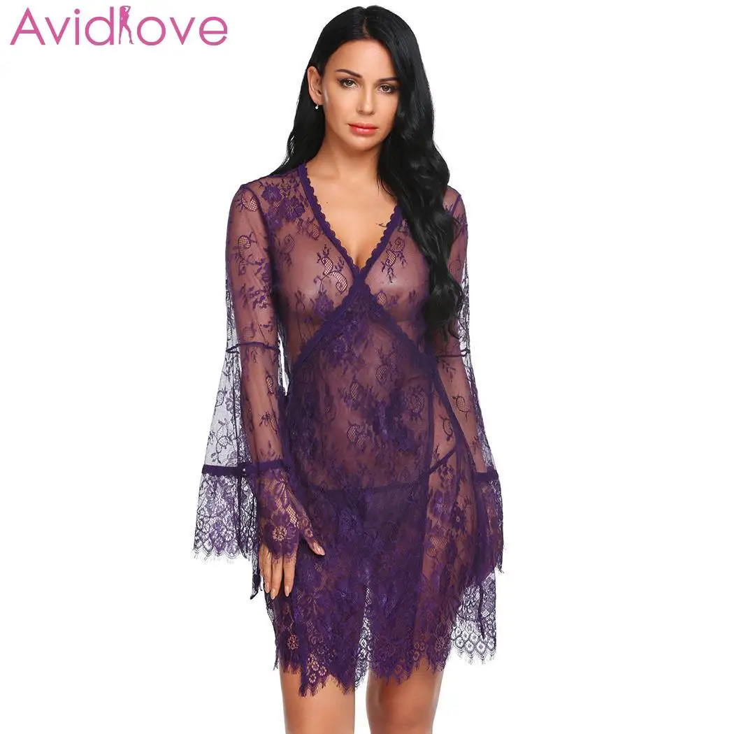 

Avidlove Women Sexy Lingerie Lace Long Sleeve Underwear Hot Erotic Plus Size Summer Sleep Dress Halter Backless Babydoll Dress