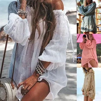 

Fashion Casual Loose Solid Women Ladies Bathing Suit Lace Sheer Bikini Cover Up Swimwear Beach Dress Shirts Summer Clothes
