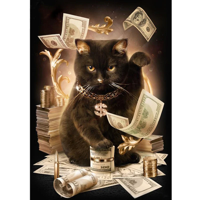 

New-Diamond Embroidery Cat With Cash Pattern Diy 5D Diamond Painting Needlework Cross Stitch Full Drill Rhinestones Painting