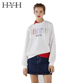 

HYH HAOYIHUI 2019 Fashion Girl Rainbow Letter Embroidered Casual Rib Sweatshirt Casual Style Hoodie