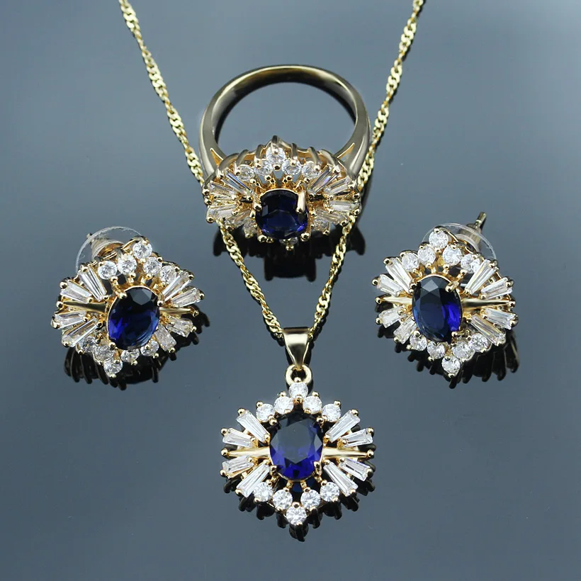 

Blue Cubic Zirconia Jewelry Sets For Woman Necklace Earrings Ring Pendants Champagne gold Brides Wedding Jewelry Gifts
