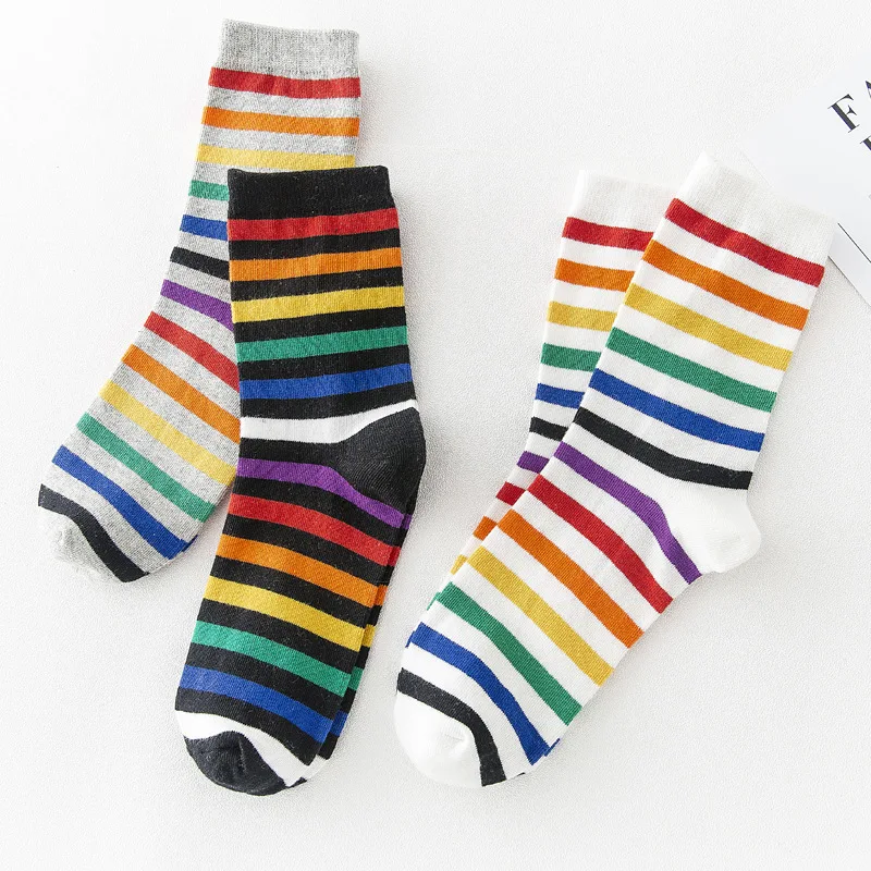 

New Rainbow Color Socks Women Happy Colorful Striped Print Cotton Socks Fashion Harajuku Christmas Casual Funny Socks