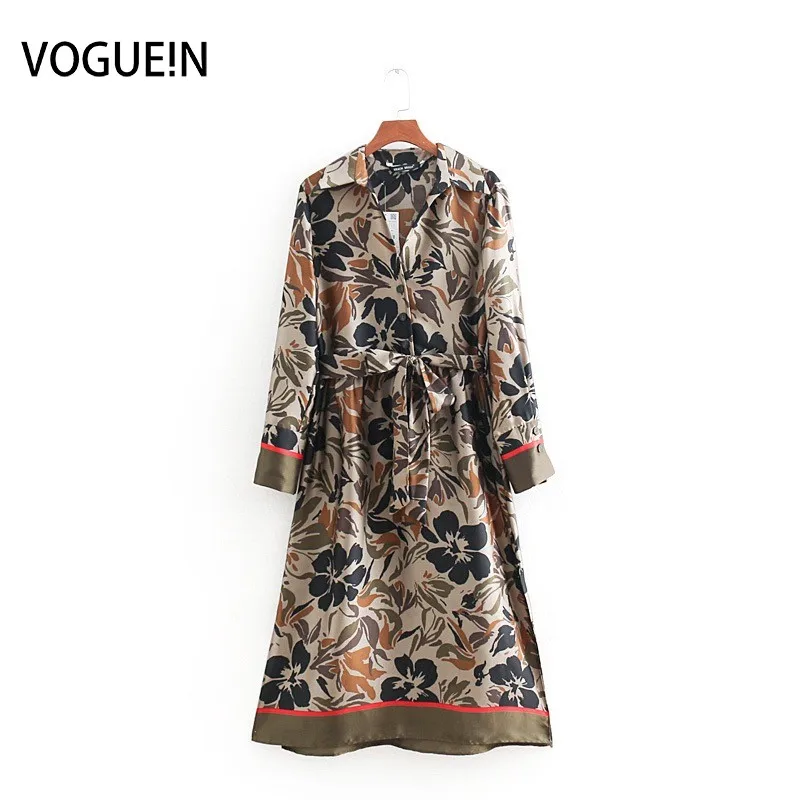 

VOGUEIN New Womens Vintage Floral Print Long Sleeve Tie Belt Side Split Midi Dress Wholesale