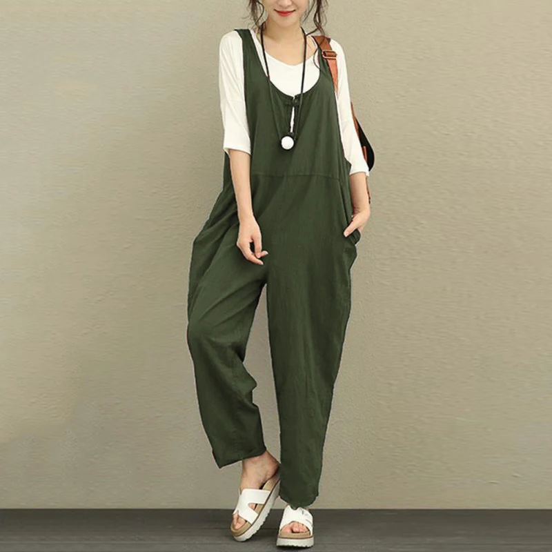 EaseHut Retro Cotton Linen Rompers Womens Jumpsuits 2018 Female Backless Overalls Playsuit Plus Size Pantalon Palazzo macacao 