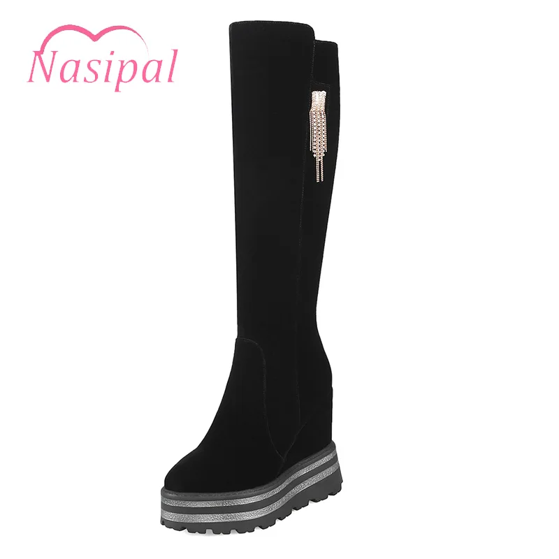 

Nasipal Zipper Botas Mujer Round Toe Platform Martin Boots Wedge High Heels Knee High Black Fashion Zapatos Femininas Knight