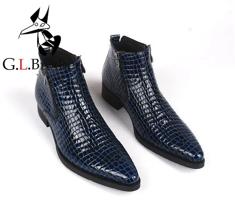 

Ankle Boots Dress Shoes Men Pointed Toes Genuine Leather Smart Casual Shoes High Top Plaid Stone Pattern Dark Blue Roman Boots