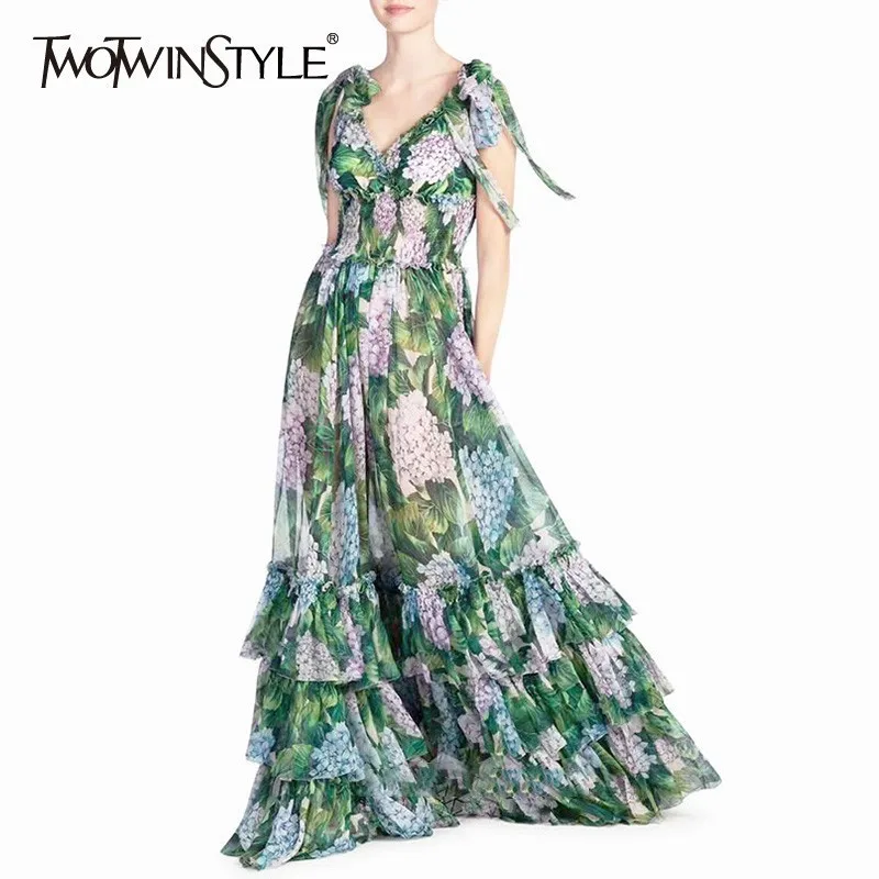 

TWOTWINSTYLE Summer Print Dress For Women V Neck Short Sleeve High Waist Bowknot Slim Ankle Length Dresses Female Fashion 2019
