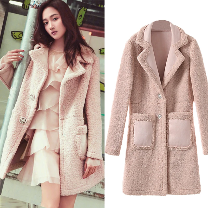Pink Faux Fur Teddy Coat Women 2018 Winter Warm Faux Lamb Fur Long Coats Fake Suede leather