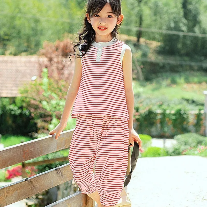 

Children Summer Clothing Sets Girls 2 Pcs Red White Striped Vest Tops & Calf Length Pants Suits Kids Sleeveless T Shirts Outfits