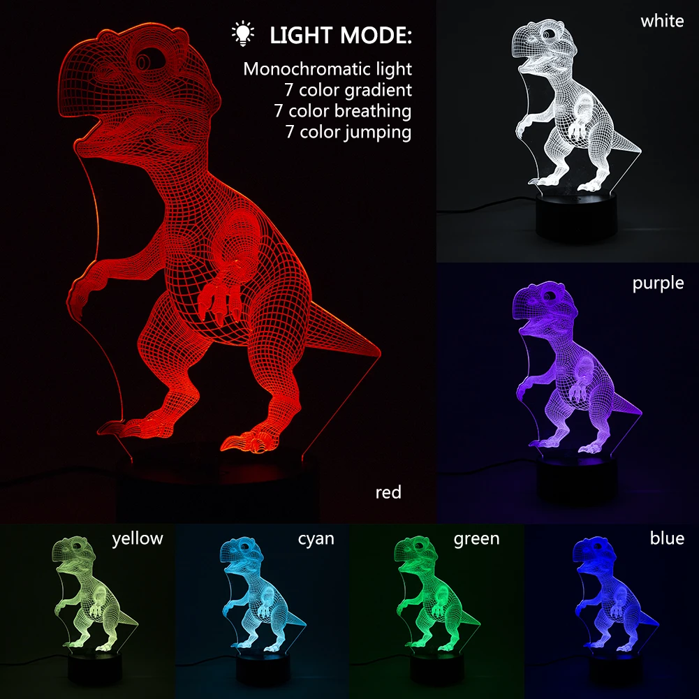 Динозавр 3D светодиодный светильник с иллюзией, дистанционное управление, оптические иллюзионные огни, 7 цветов, сменный ночник для детей, мальчиков, рождественский подарок