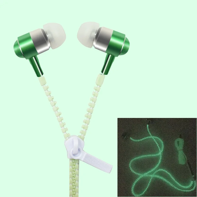 3.5mm Luminous Safety Sports Earphones Metal Zipper Earbuds For Iphone
