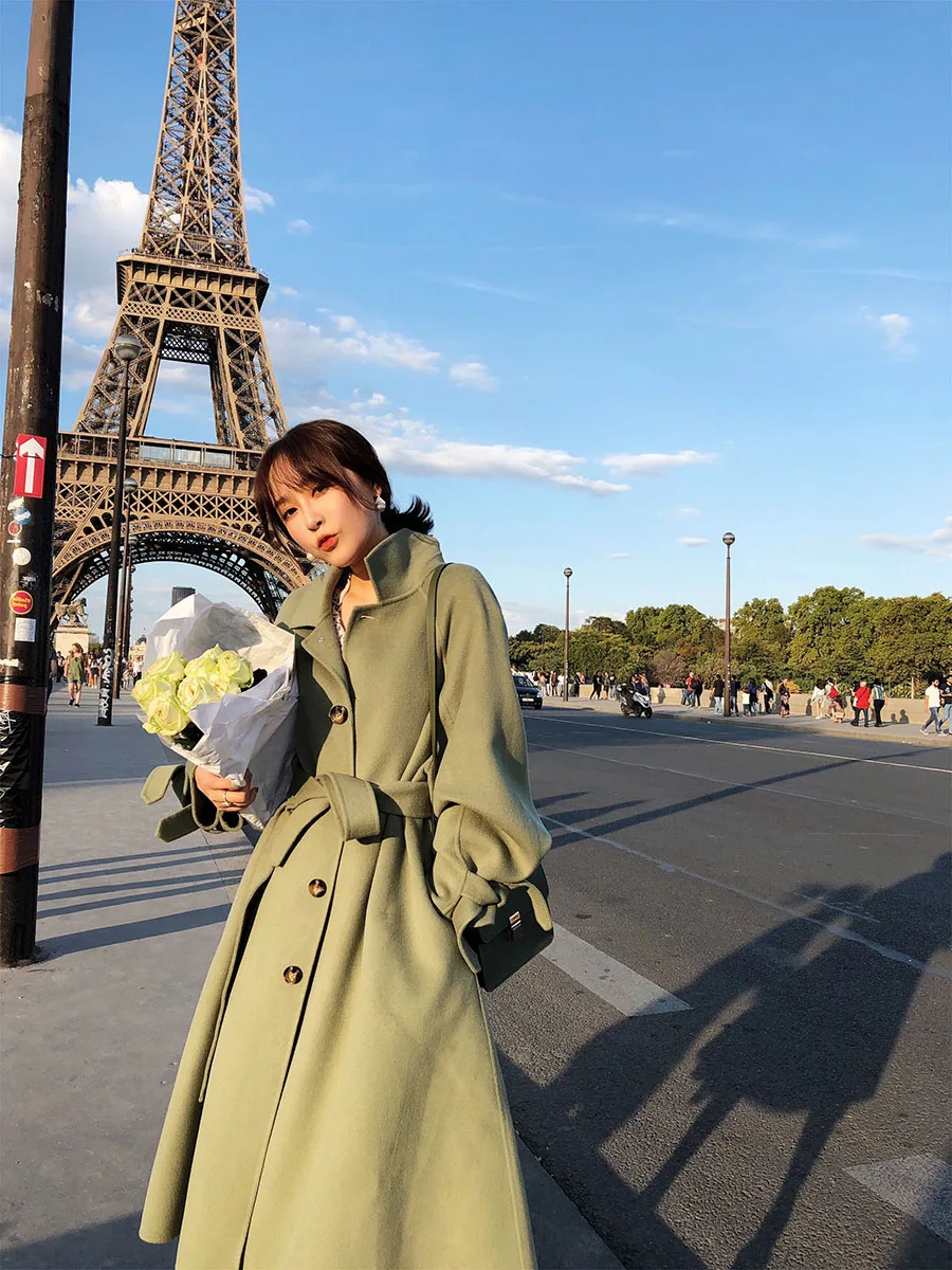 De Vert 2018 Style Mode Automne Pleine Double Long Femme face Laine Noir Hepburn Hiver Manteau Main Jaune xx1w4