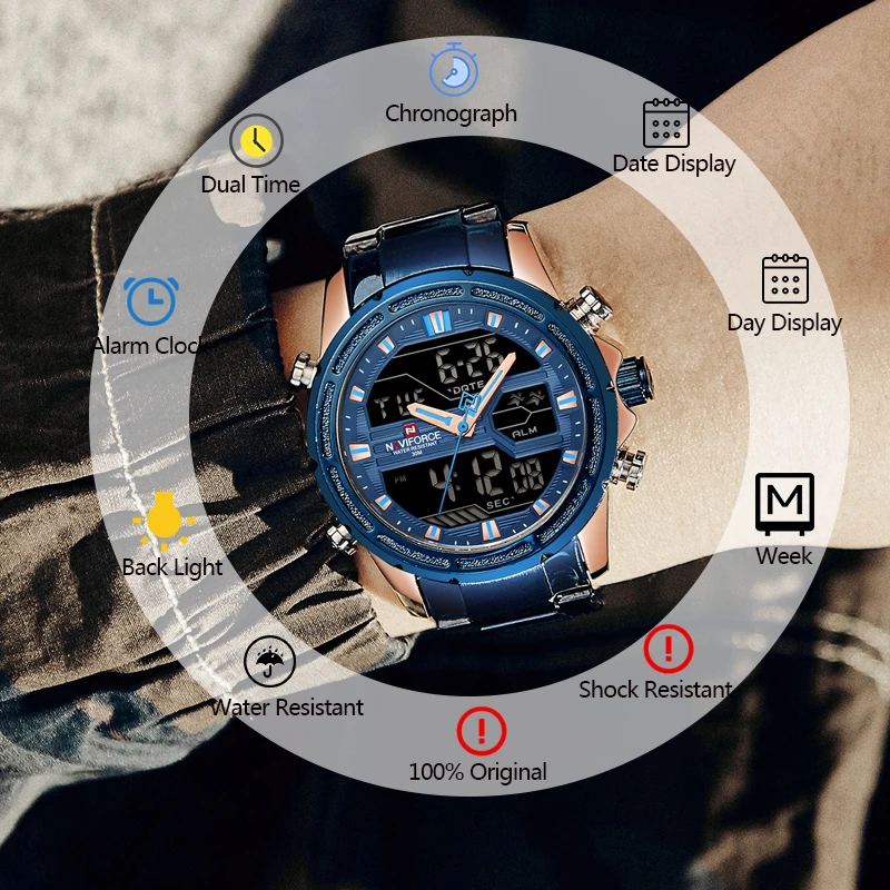 NAVIFORCE Для мужчин Watch Sport s часы человек кварцевые светодиодный цифровые Мужской