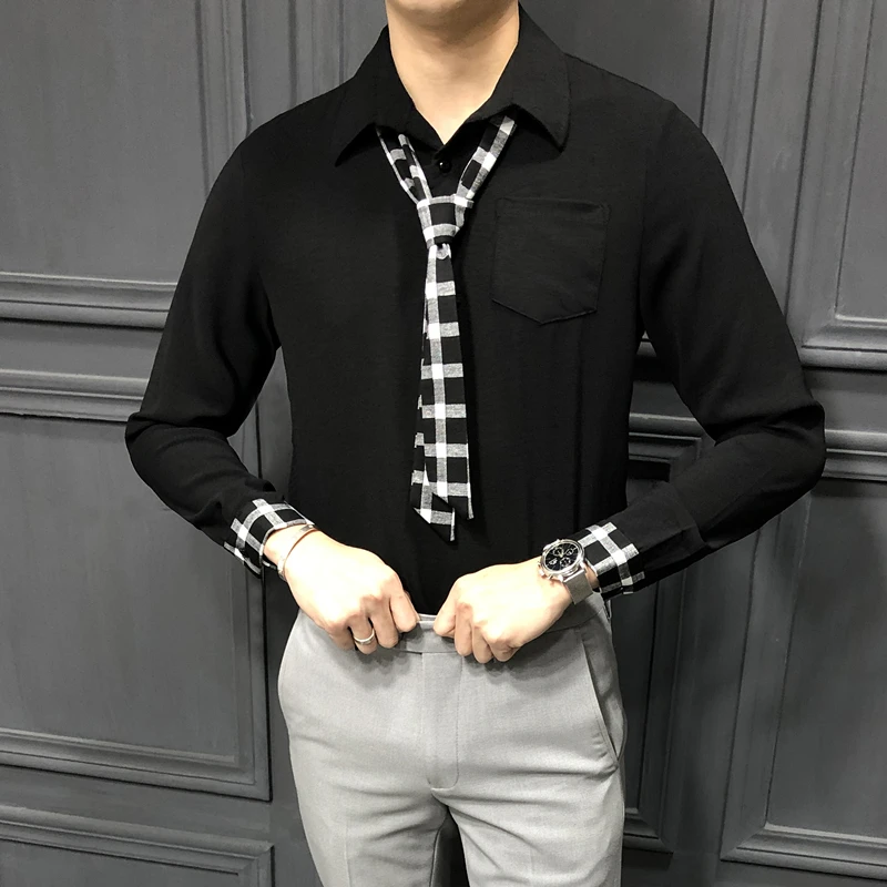

Spring Men's Casual New M-XXL Youth Wild Hair Stylist Shirt With Tie Simple Loose Temperament Fashion Popular Personality