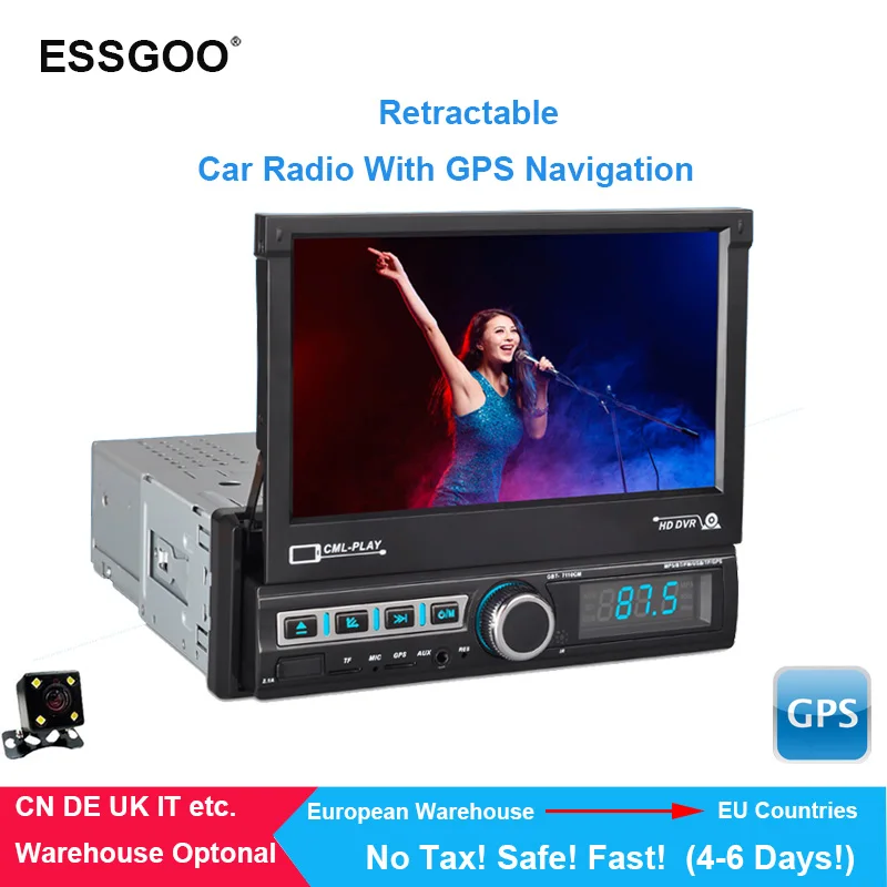 Essgoo 1 Din Car Multimedia Auto Radio Retractable Touch Screen Autoradio Stereo Video Player Support Bluetooth Rear View Camera