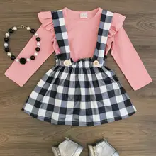 Pudcoco/комплекты одежды для девочек, клетчатые топы для маленьких девочек, футболка, юбка на подтяжках, платье, комплекты одежды AU