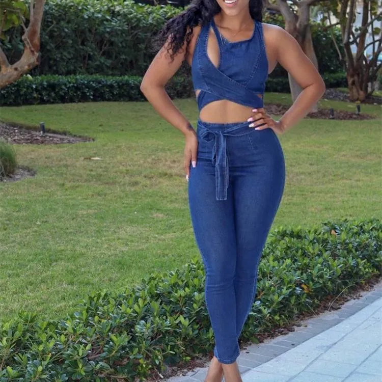 2019 Summer New Sleeveless High Waist Pencil Denim Jumpsuits Sexy Hollow Out Jeans Jumpsuit Sashes Casual Rompers 2019 Summer New Sleeveless High Waist Pencil Denim Jumpsuits Sexy Hollow Out Jeans Jumpsuit Sashes Casual Rompers