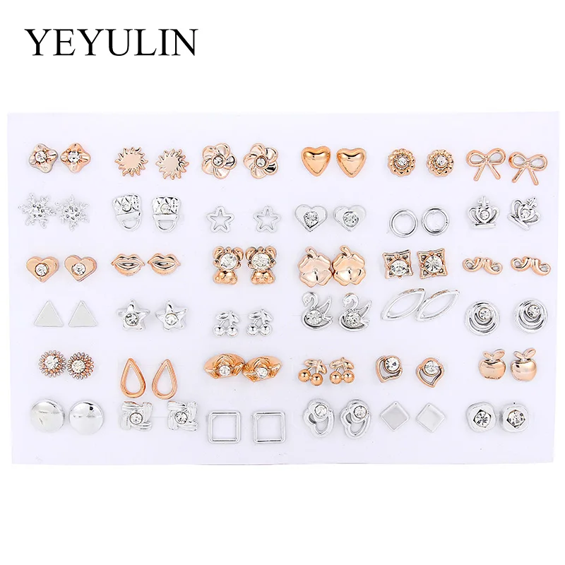 

36 Pairs Love Heart Animals Flowers Shape Gold Silver Mixed Style Alloy Crystal Ear Stud For Women New Year Gift