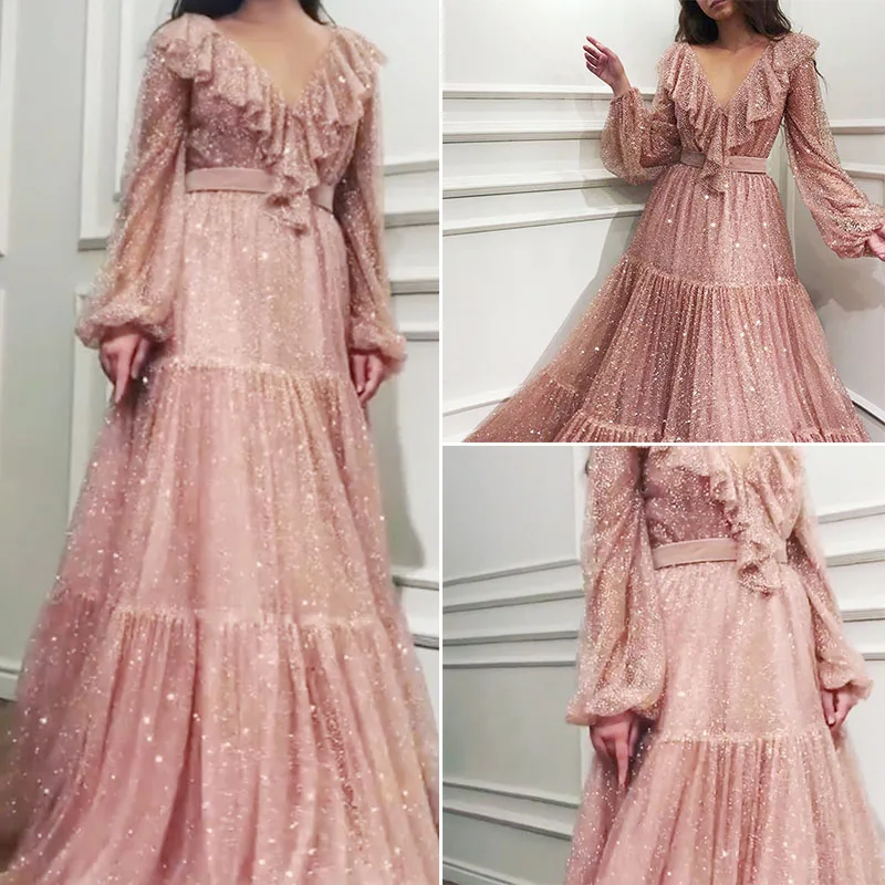 

Women Ladies Glitter Sequins Pink Ruffle Bell Sleeve Evening Party Long Dress