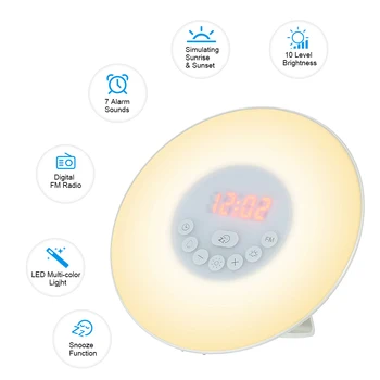 

Touch Control Alarm Clock Wake Up Light Sunrise Simulation Digital Clock with FM Radio 7 Colors Light Nature Sounds Snooze Clock