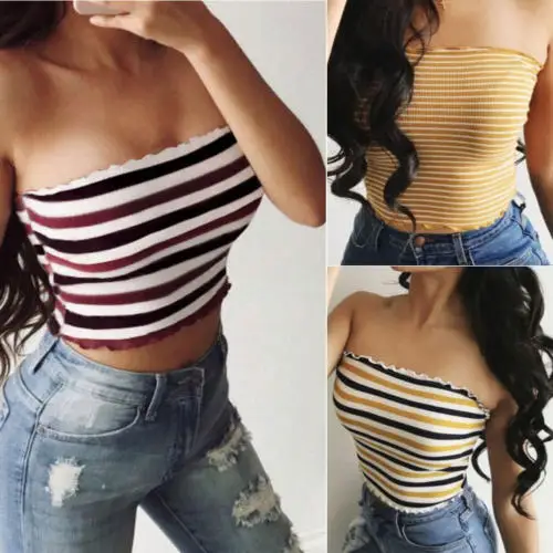 

Fashion Womens Ladies Strapless Off Shoulder Tops Elastic Boob Tube Sleeveless Lingerie Stripe Breast Wrap