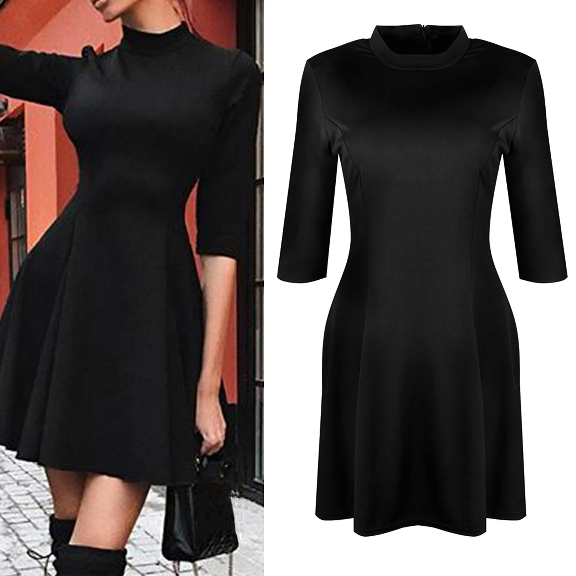 

Solid Party Dress Black Round Neck Half Sleeve Fit A Line Dresses Women Elegant Spring Dress