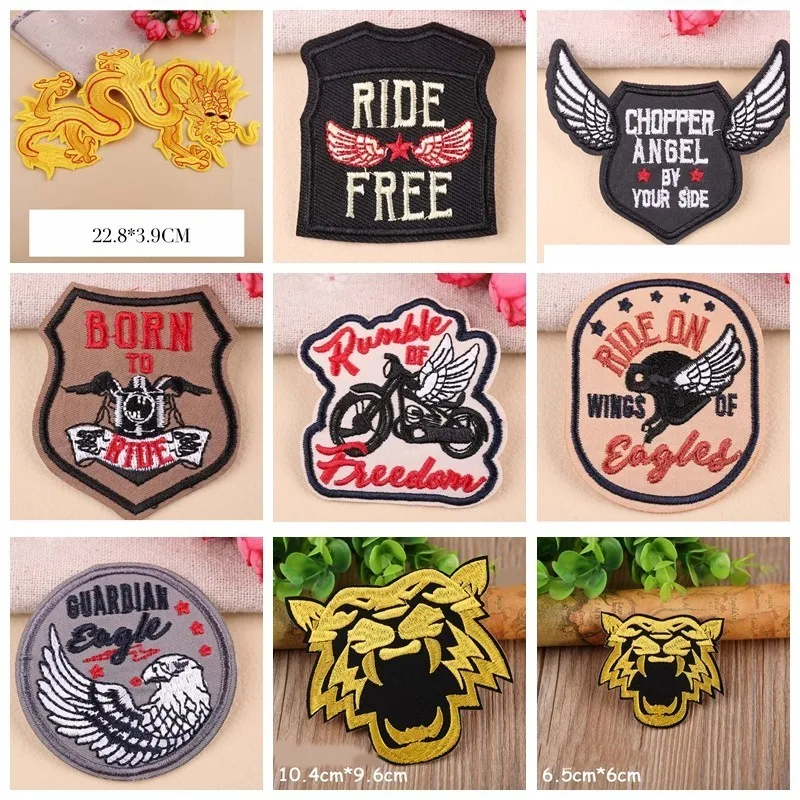 

Ride Free Bikers Patches for Clothes Iron on Embroidered Applique Skull Patch Badges Garment DIY Dragon Tigers Apparel Accessory