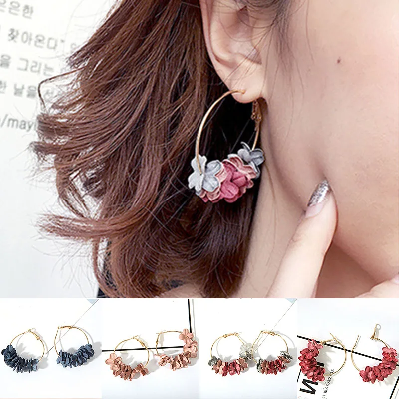 Hot 1Pair Cloth Art Flower Women Circle Earrings Drill Ear Ring Graceful Charming Jewelry Wedding Gift | Украшения и аксессуары