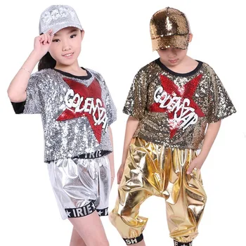 

SONGYUEXIA Children Hip Hop Clothing gir/boy Paillette Hip Hop Jazz Short Sleeve Show Costumes squins Modern dancewear