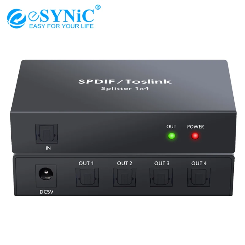 

Esynic Aluminum Alloy Digital Optical Audio 1X4 Splitters with Optical Digital Optical Audio Adapter For PS3 Xbox Blue-Ray DVD
