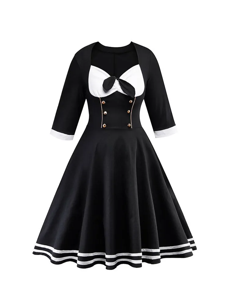 

Elegant Sexy Party Plus Size Vintage Party Women Dresses Gothic OL Aline Button Bowknot Black Summer Female Goth Rtero Dress