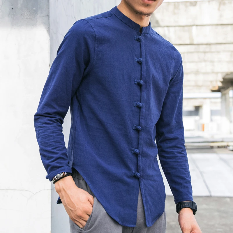 Chinese Style Mens Slim Fit Stand Collar Tops Casual T-Shirt Blouses Shirts 