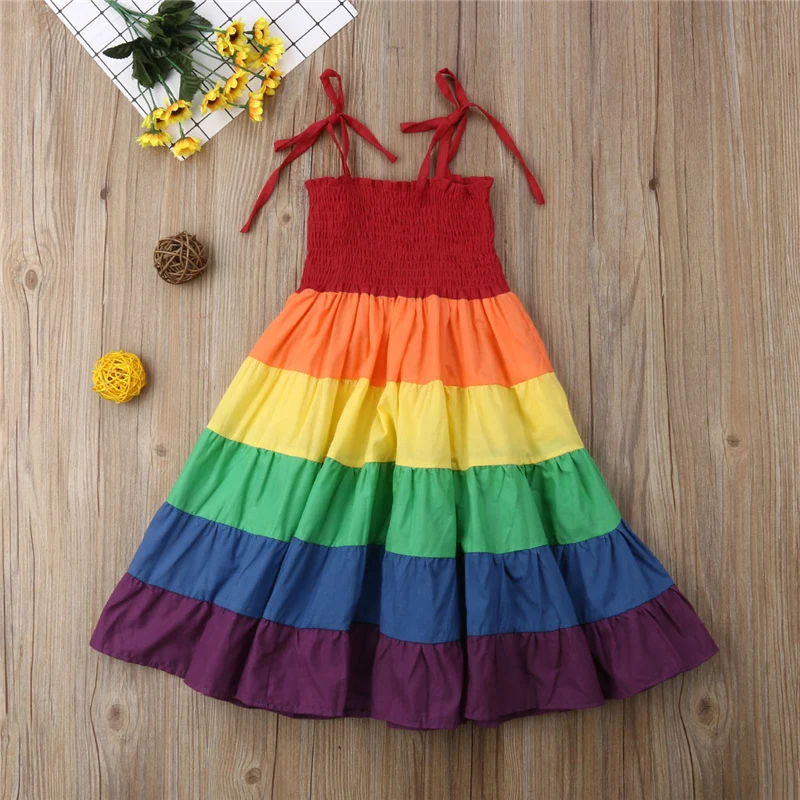 2-7 Years Toddler Kid Baby Girl Rainbow Pageant Party Princess Dress Sundress Colorful Clothes photo