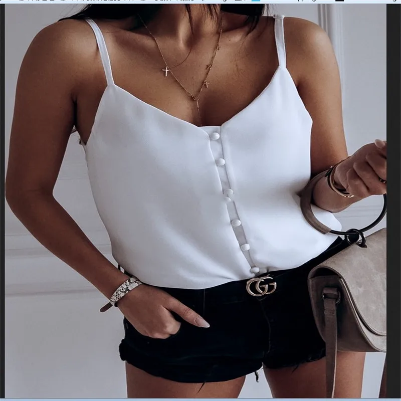 

Women Loose V-Neck Sleeveless Camis solid Loose V-Neck Button Camisole Summer casual Strappy Vest Tank Tops T shirt streetwear
