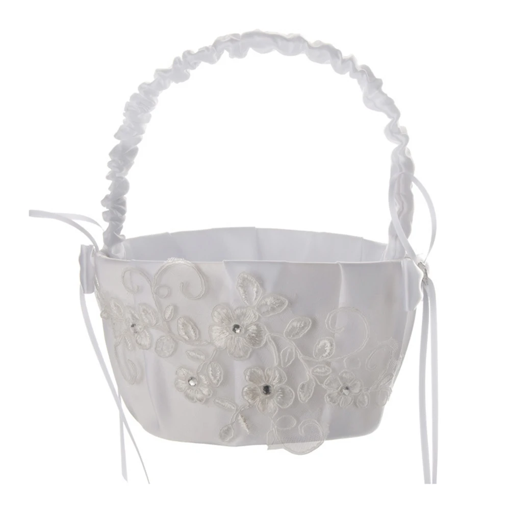 

Wedding Flower Girl Basket Ceremony Party Lace Bowknot Portable Flower Girl Basket