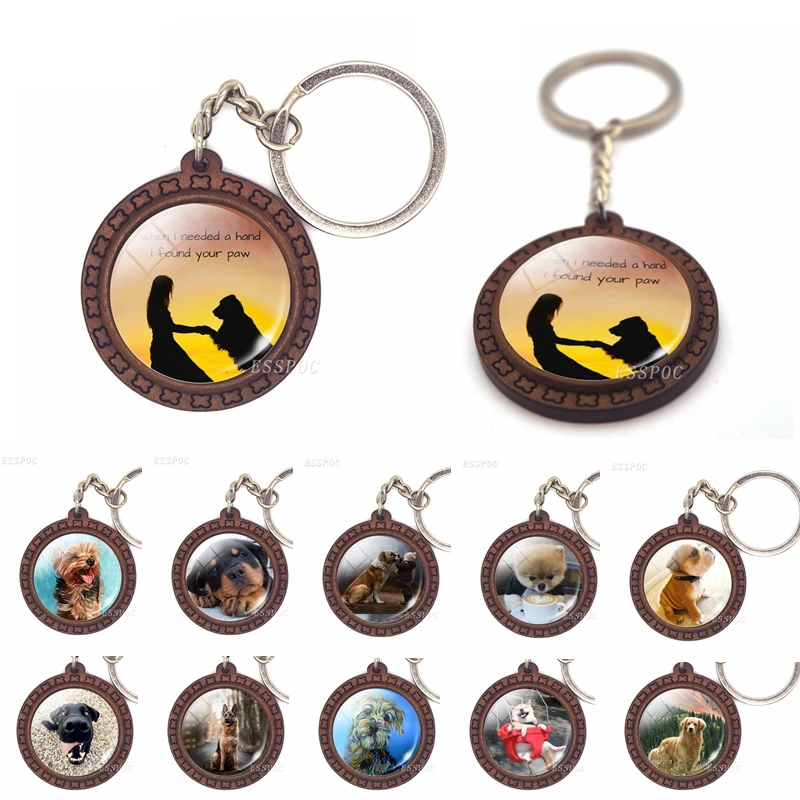 

Dog Pendant Animal Wooden Keychain Glass Cabochon Jewelry Women Men Car Key Chain Love Pet Dog Cartoon Art Key Ring Gifts