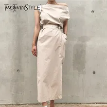 TWOTWINSTYLE платье с открытыми плечами и вырезом лодочкой для женщин, с высокой талией, с разрезом по бокам, длинные женские платья, корейская мода, Новинка лета