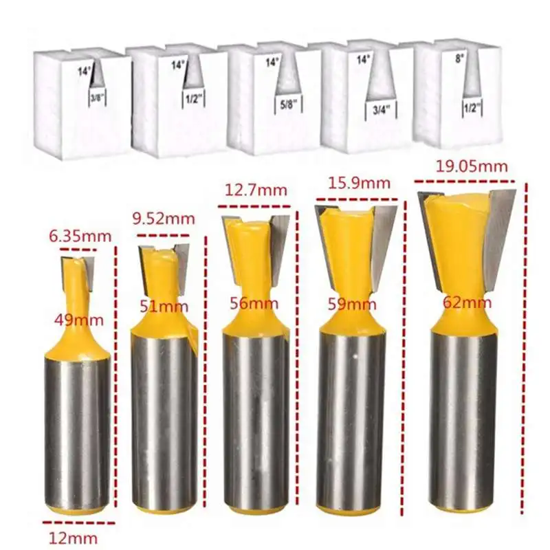 5Pcs/Set Industry Standard 1/2 Inch Shank Dovetail Router Bit Cutter