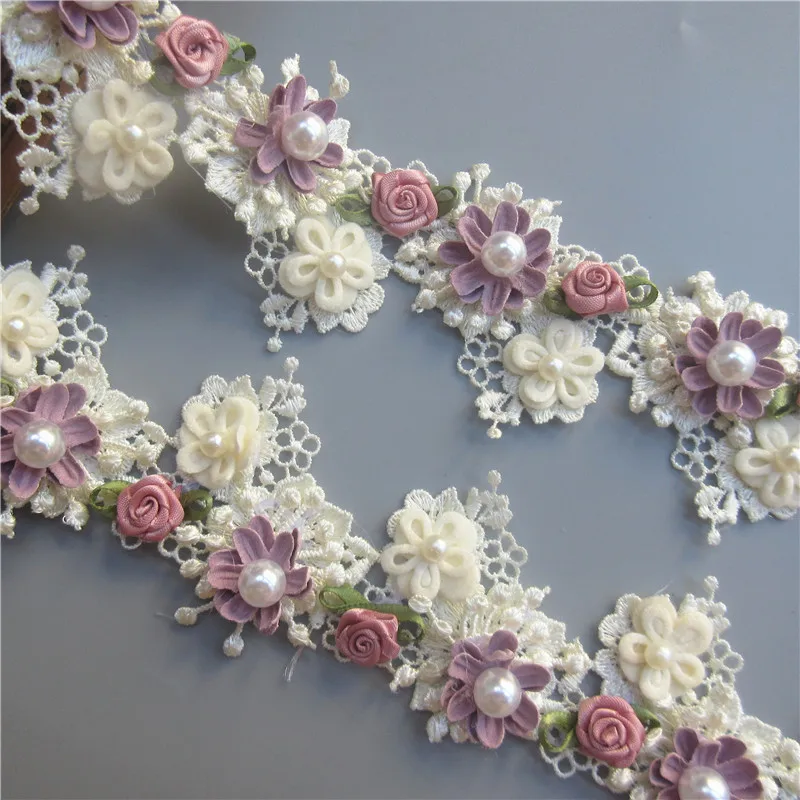 

1yard Apricot Pearl Rose Flower Embroidered Lace Trim Ribbon Fabric Sewing Supplies Craft DIY For Costume Dress Hat Decoration