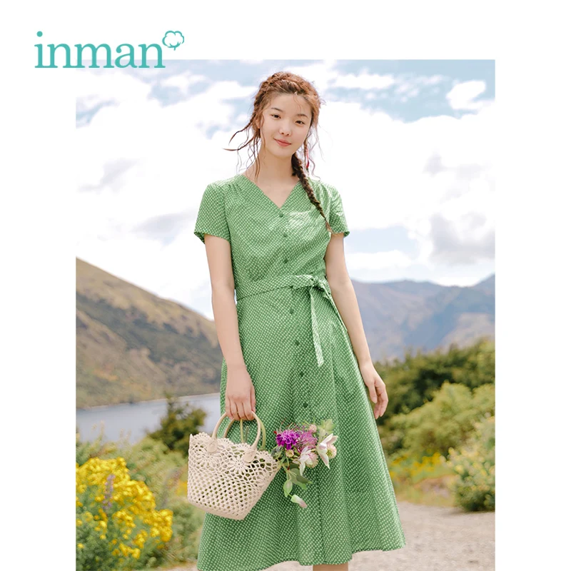INMAN, летнее Новое поступление, хлопковое приталенное платье трапециевидной формы с v-образным вырезом, Ретро стиль, женское платье