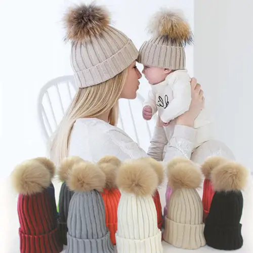 

2019 Newborn Kids Baby Boys Girls Mom Son Daughter Hat Set Knitted Winter Warm Hats Soft Beanie Cap Hairball Cute Casual Fashion