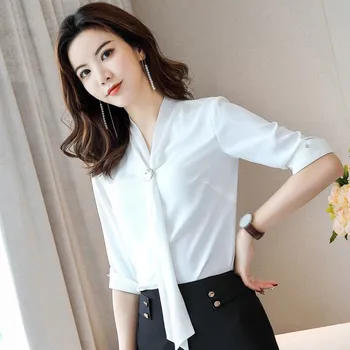 

2019 Summer Women Office Lady Blouses Fashion Half Sleeve Chiffon Blouses Bow Elegant Solid Colors Plus Size Shirts