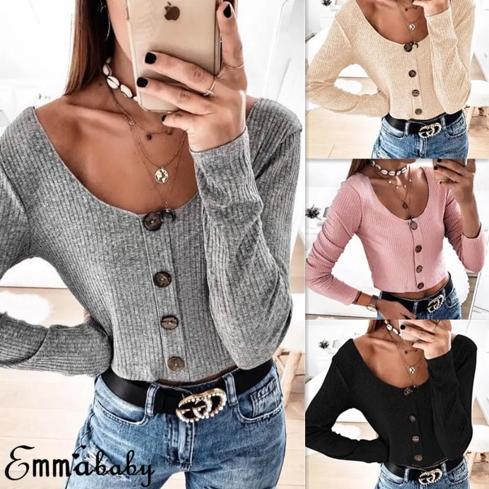 

New Women Casual Tops Striped Knitted Shirt Long Sleeve Button Cotton Tops Warm Spring T-Shirts 6-18