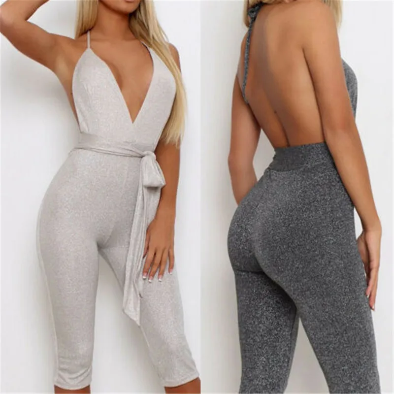 

2019 New Arrival Folding Push Up Fitness Rompers Women Backless Halter Across Playsuit Sexy Deep V Bodysuit Yoga Sport Jumpsuit