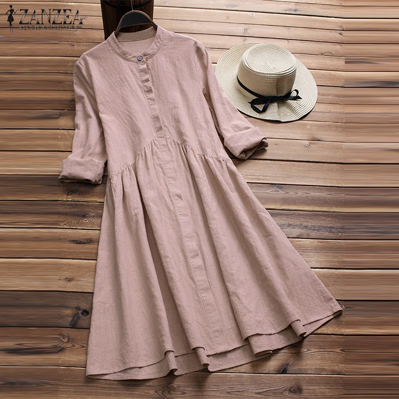 

ZANZEA Lady Short Dress Women Button Down Cotton Linen Vestido Elegant Women Stand Collar Dress Beach Party Sundress Plus Size