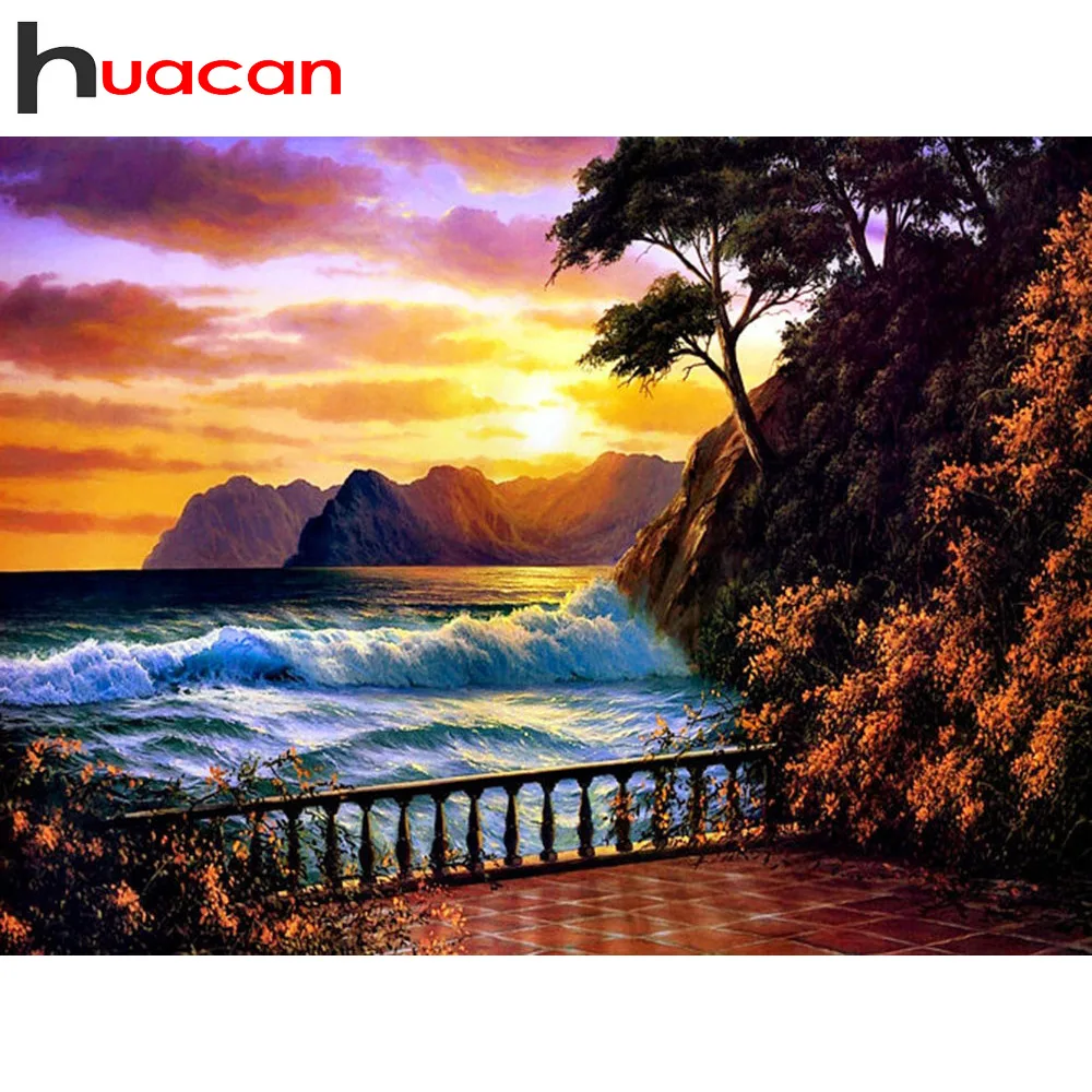 

Huacan Full Square Diamond Embroidery Scenic 5D Diamond Painting Full Display Sea DIY Cross Stitch Rhinestone Decor Home Gift