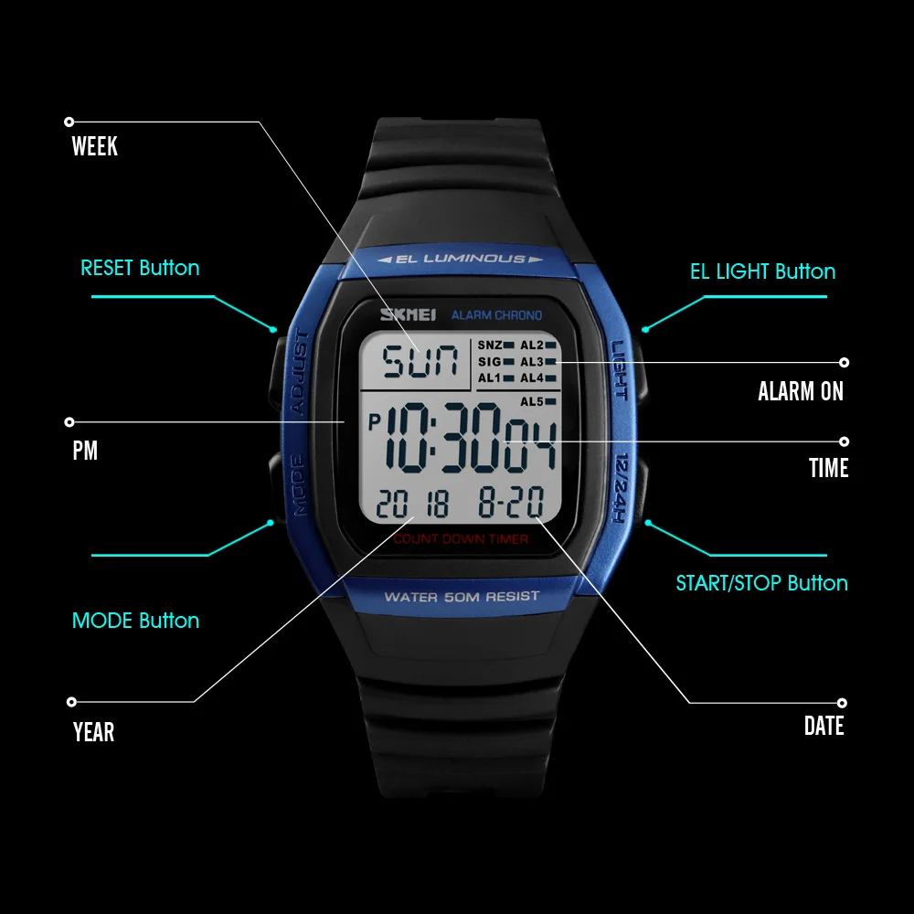 SKMEi мужские цифровые водонепроницаемые часы Дата светящаяся обратного отсчета спортивные часы 1278