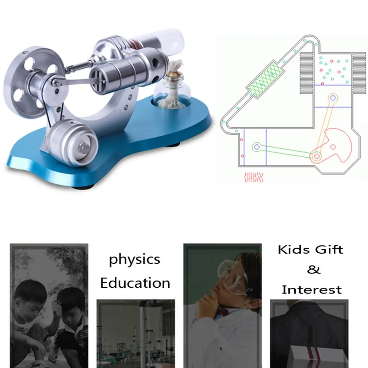 

Stirling Engine Motor Model Educational Steam Power Supplies Electricity Learning Model Toy With LED Light for Children Adult