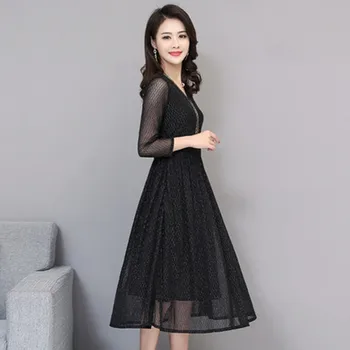 

Spring And Autumn Dress 2019 New Fashion Women's Black Long-Sleeved Mesh Bottoming Chiffon long sleeve dress M-5XLAS257